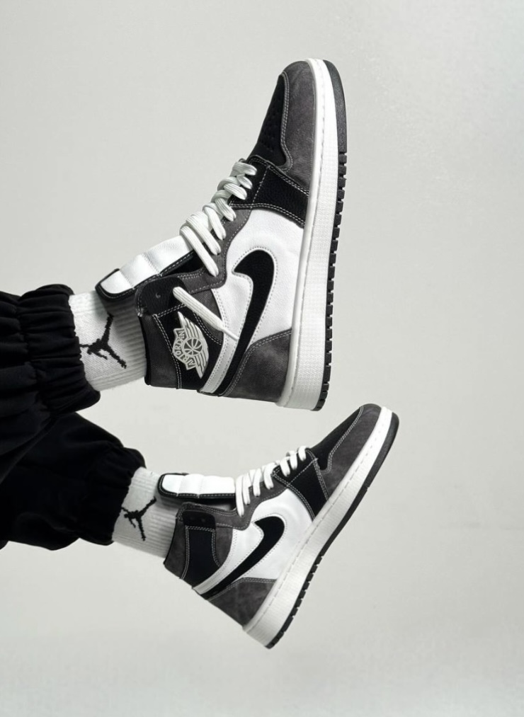 کفش کتانی ساقدار مردانه زنانه طوسی مشکی سفید Nike Jordan 1